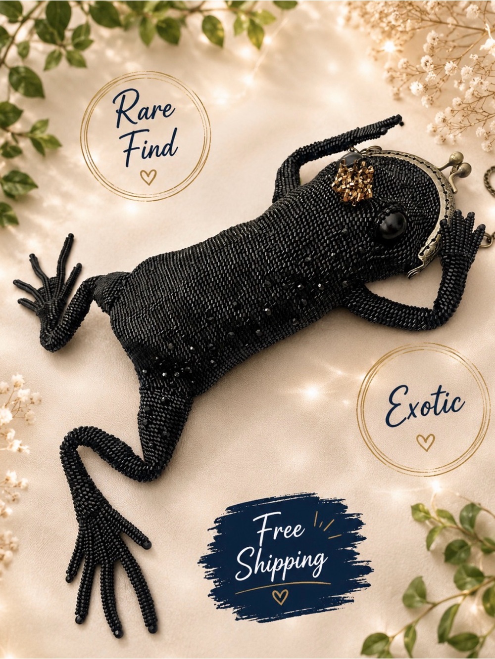 NEW Beaded Crochet Frog Crossbody Purse Bag BLACK